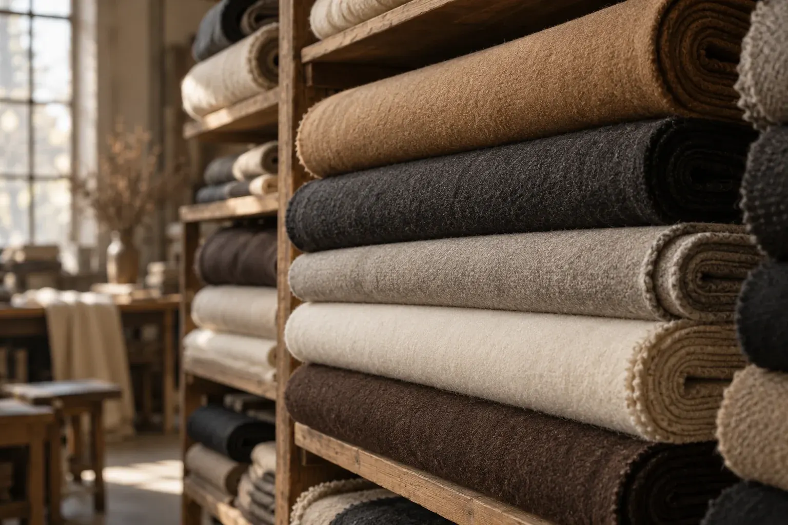 Bolts of camel, charcoal and ecru wool on mill shelves