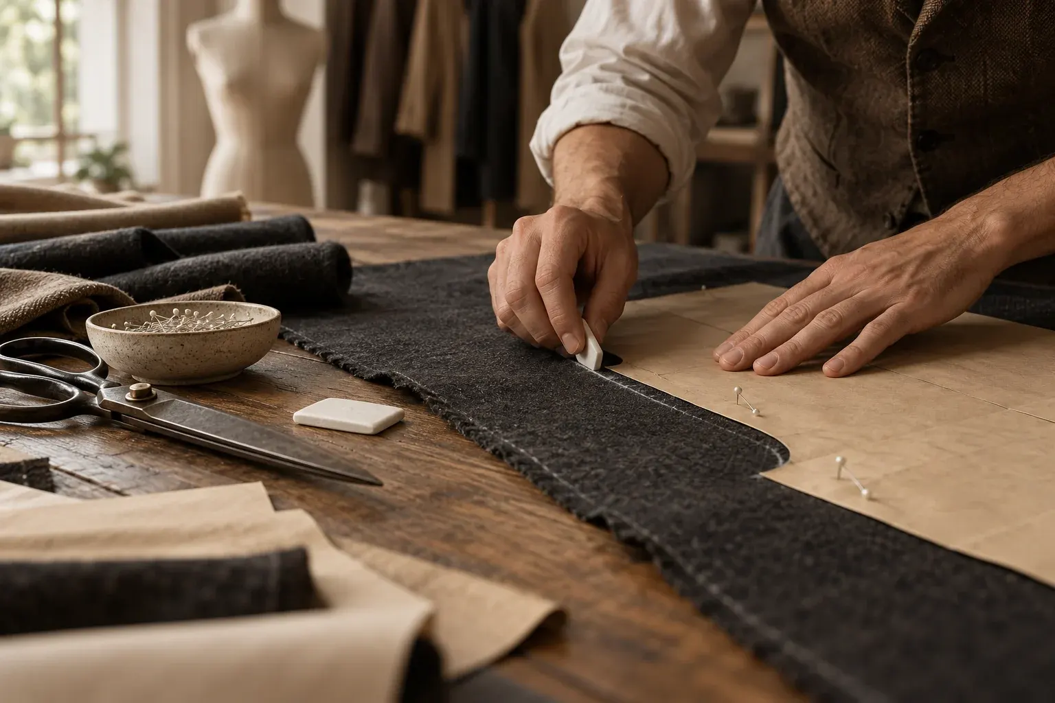 A tailor's hands marking wool with chalk