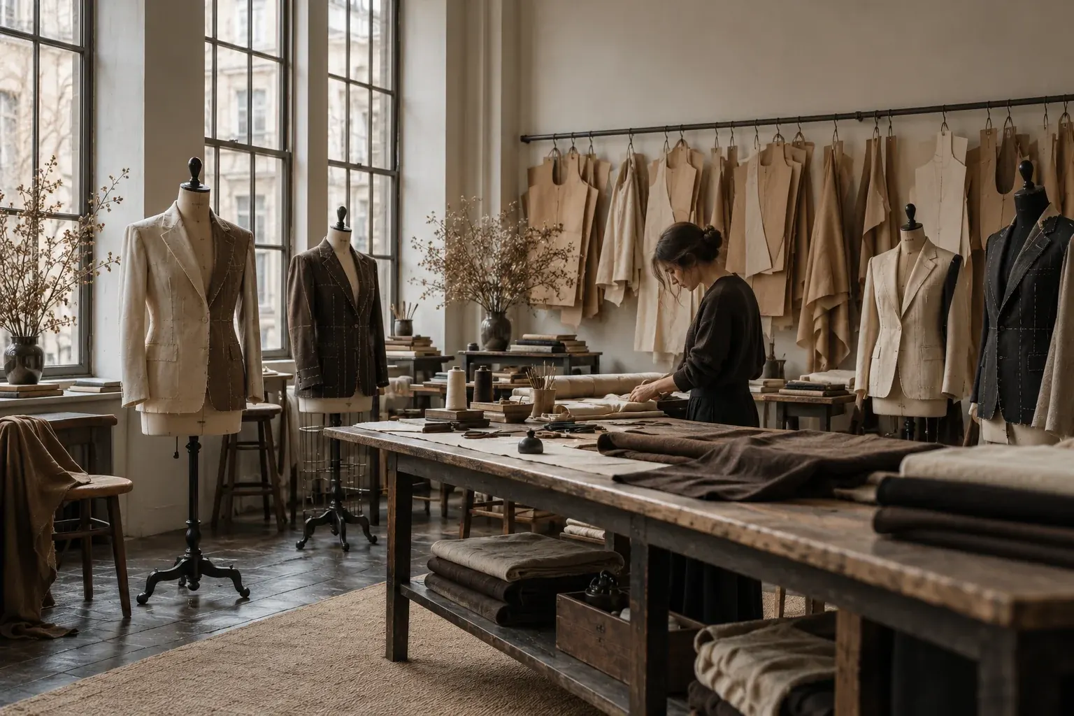 A calm sewing atelier with dress forms and paper patterns
