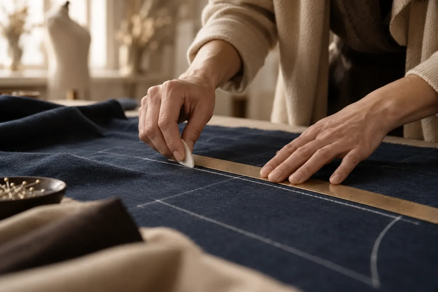A seamstress drawing a pattern line with chalk on dark fabric