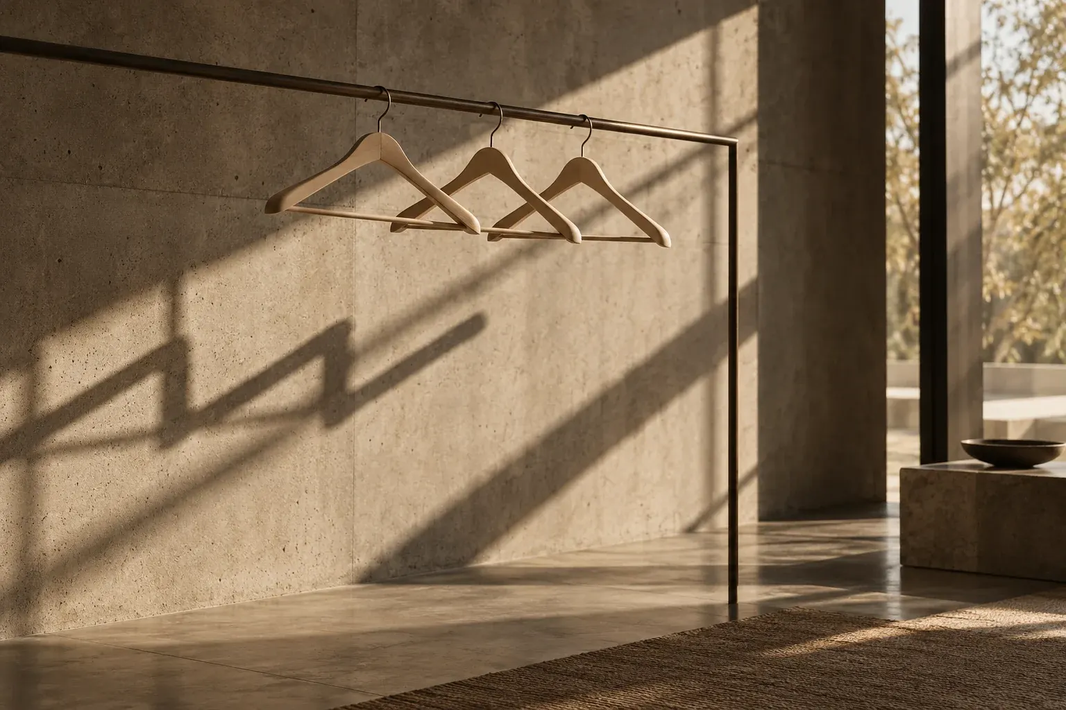 Three wooden hangers on a slim rail in a sunlit room