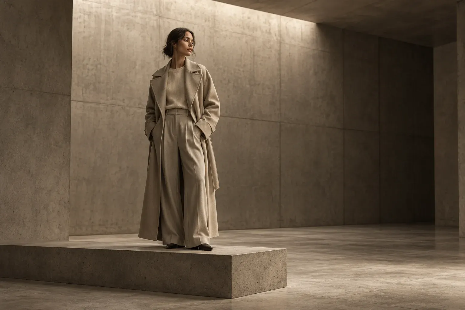 A model in a long stone trench coat standing on a low concrete platform in an empty room