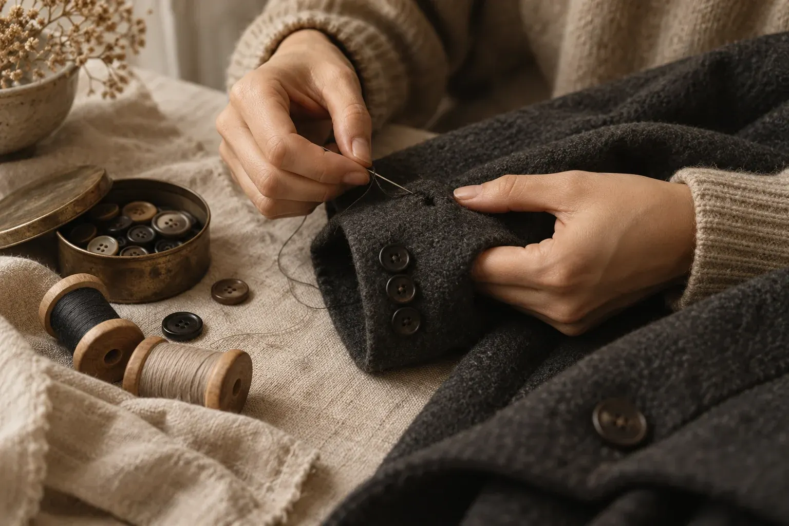 Hands mending the sleeve of a charcoal wool coat with needle and thread