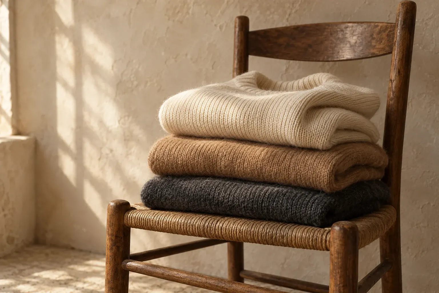 Folded knitwear in ecru, camel and charcoal stacked on a wooden chair