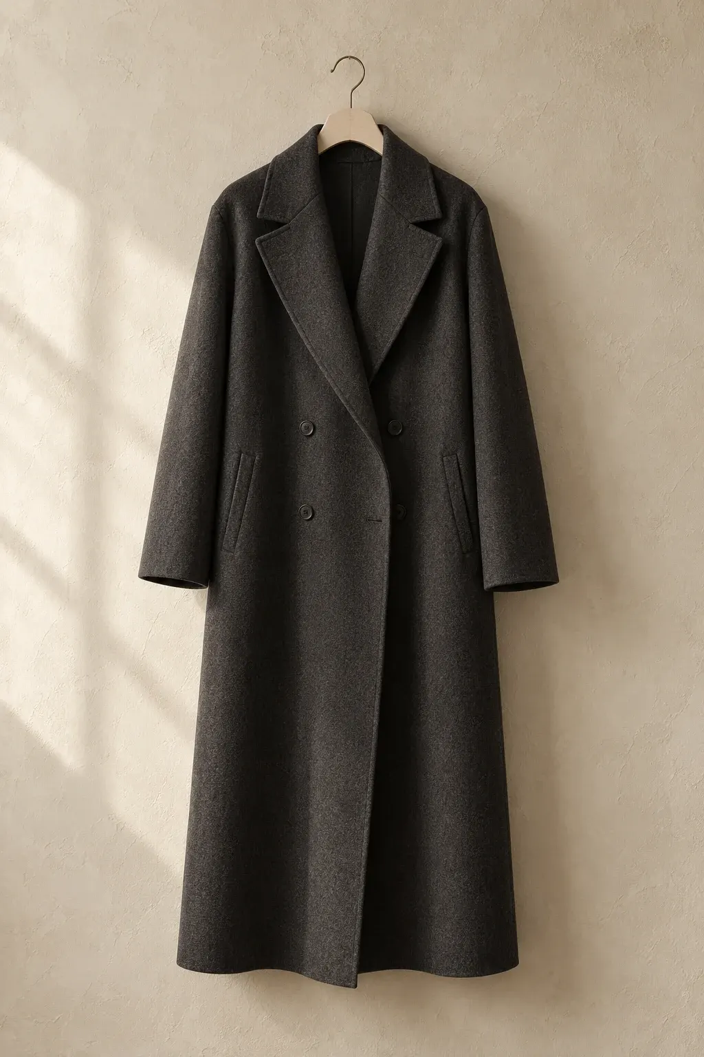 Long charcoal wool overcoat on a pale wooden hanger