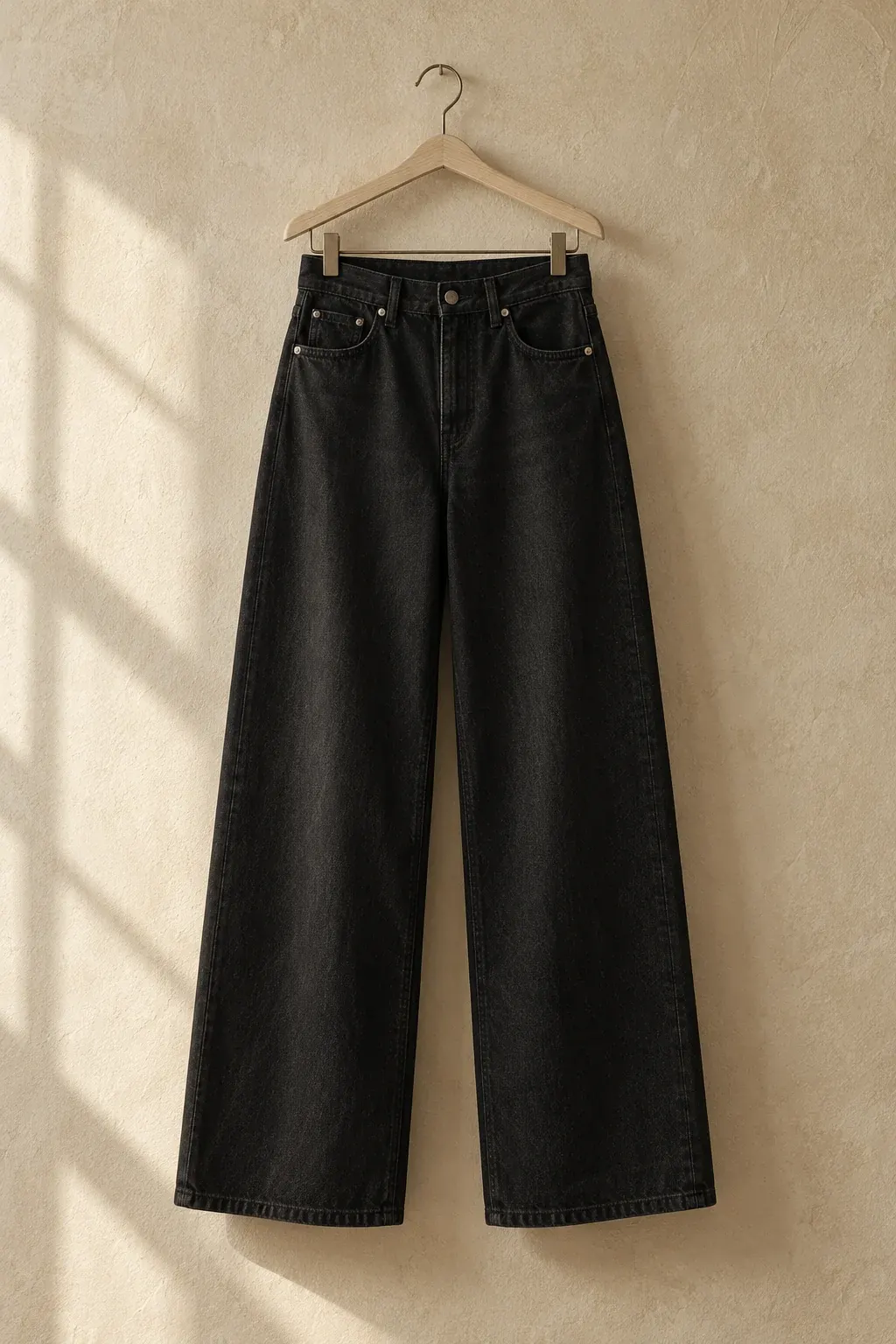 Wide-leg black rigid denim trousers on a pale wooden hanger