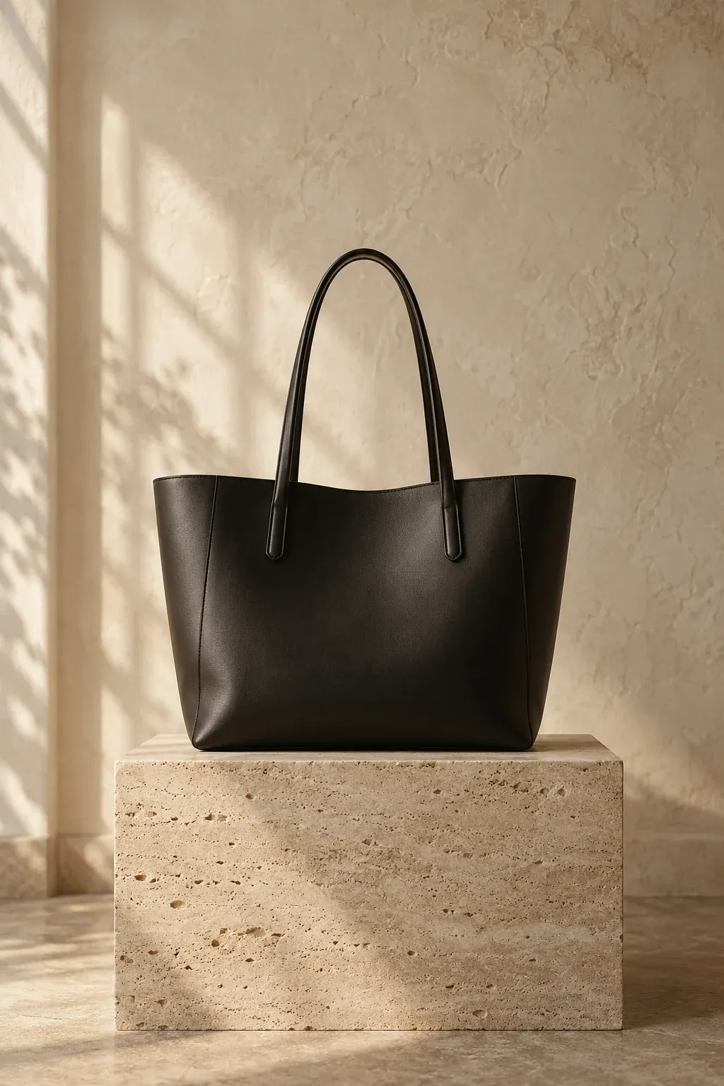 Black smooth leather tote bag on a travertine plinth