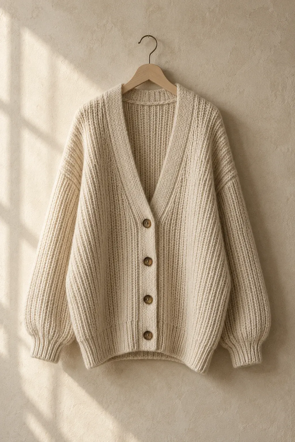 Oversized ecru ribbed cardigan on a pale wooden hanger