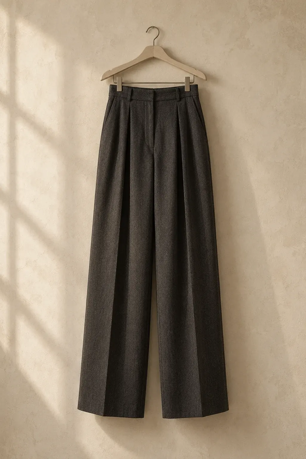 Charcoal pleated wool trousers on a pale wooden hanger