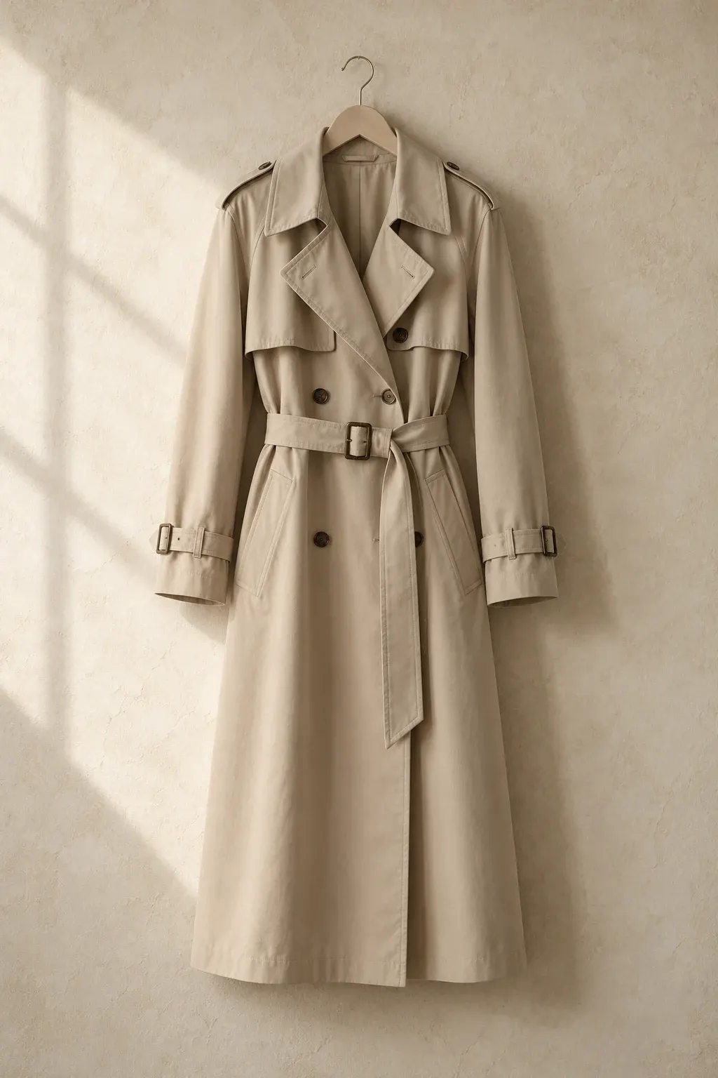 Belted stone cotton trench coat on a pale wooden hanger