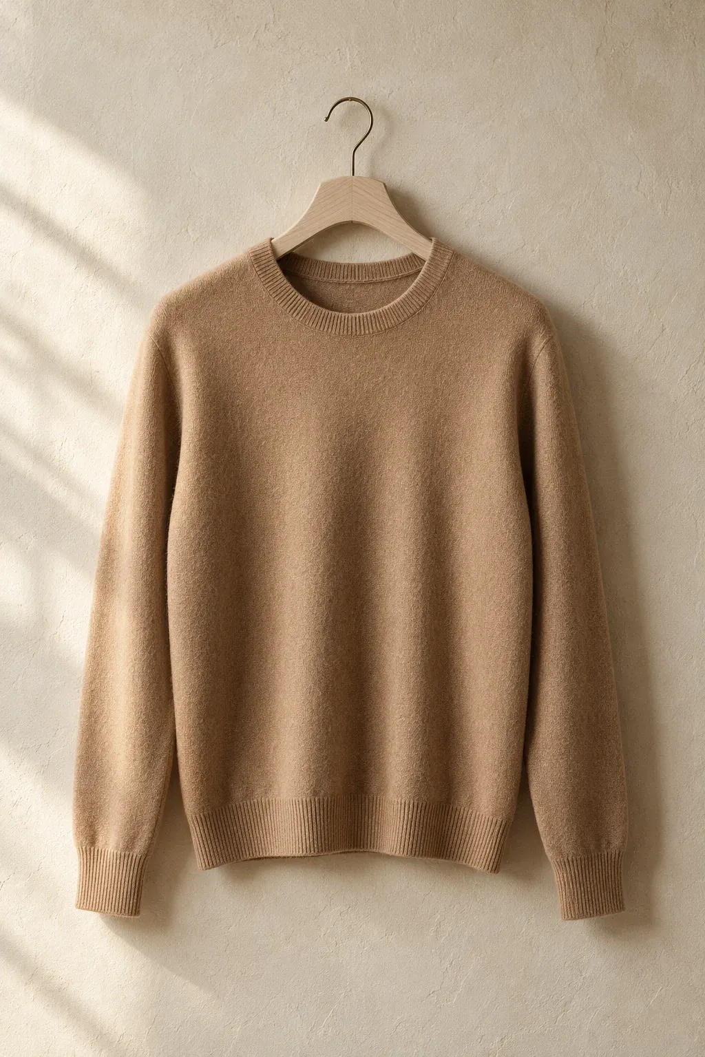 Camel cashmere crewneck sweater on a pale wooden hanger