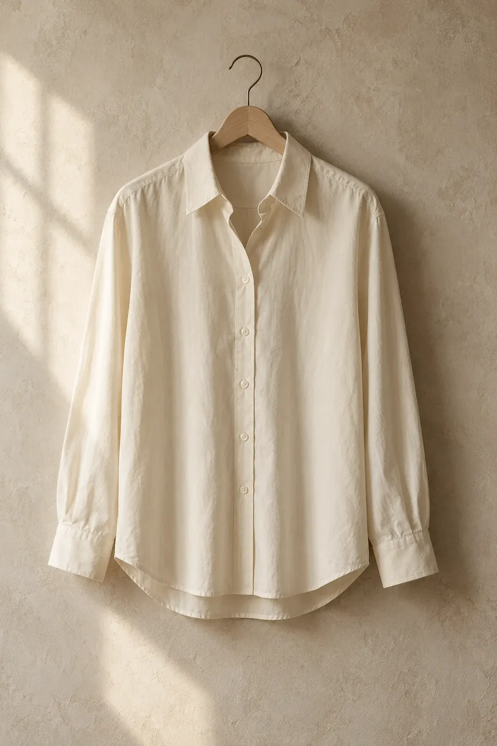 Ecru cotton poplin shirt on a pale wooden hanger