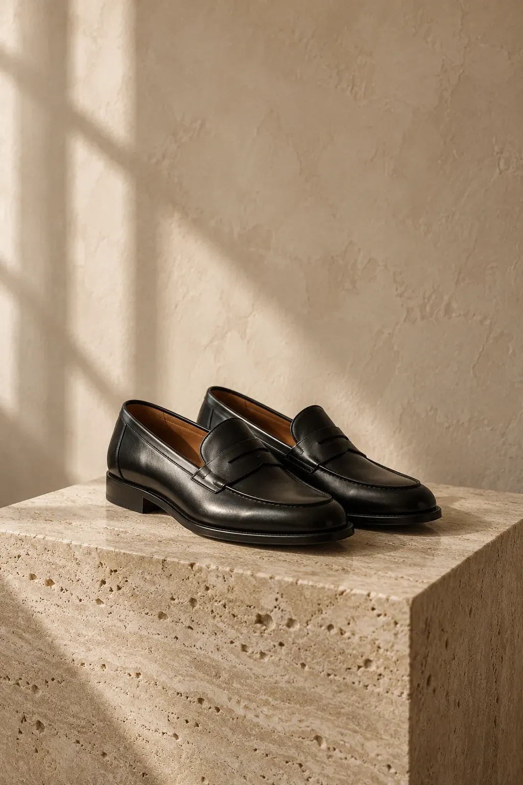Pair of black polished leather penny loafers on a travertine plinth