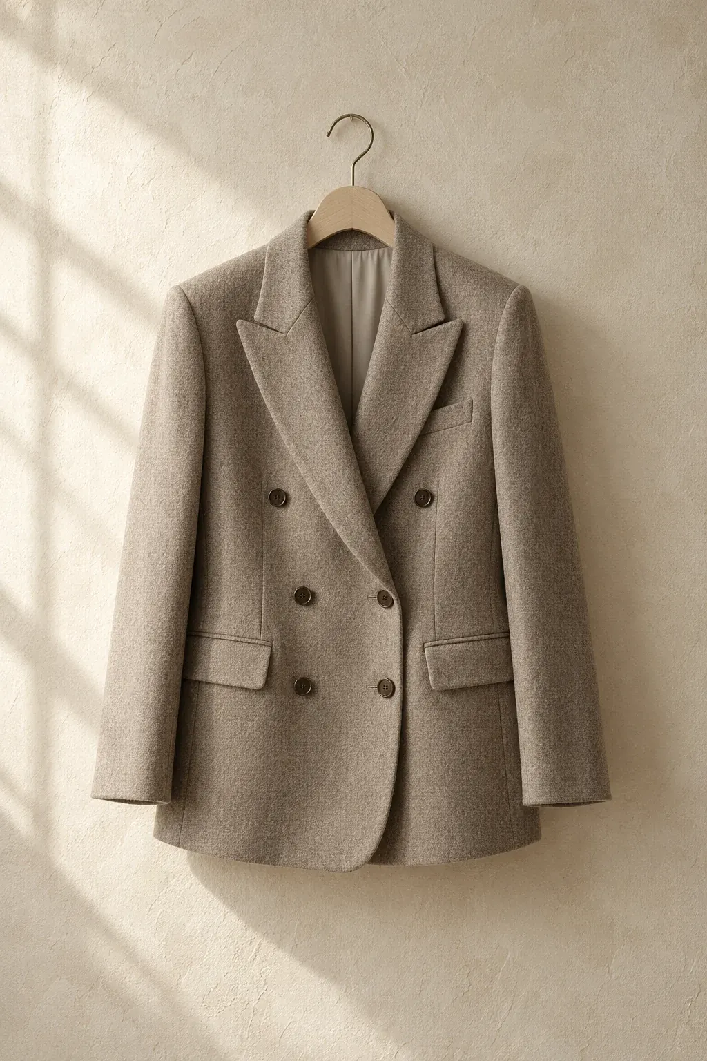 Stone double-breasted wool blazer on a pale wooden hanger