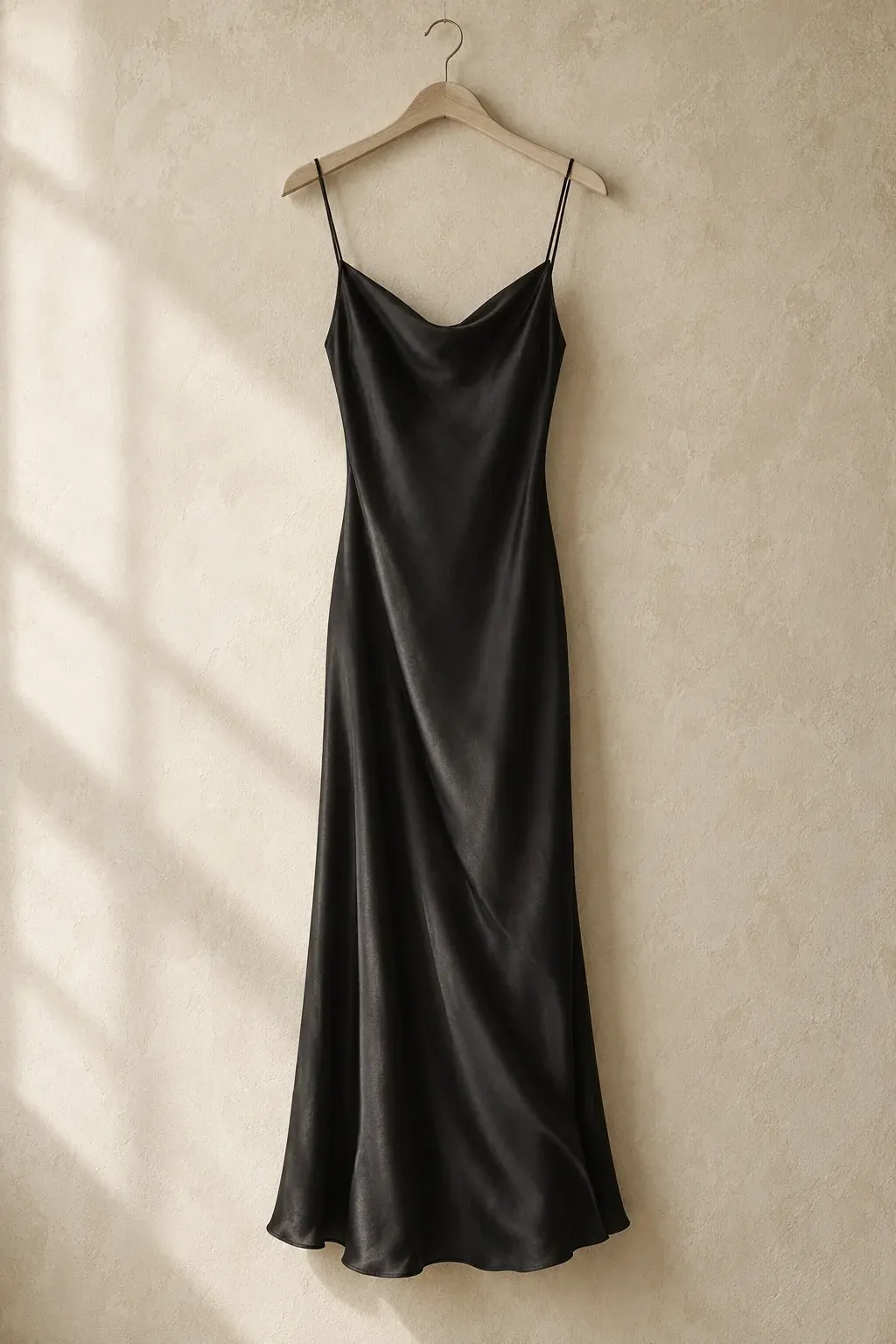 Black bias-cut silk slip dress on a pale wooden hanger