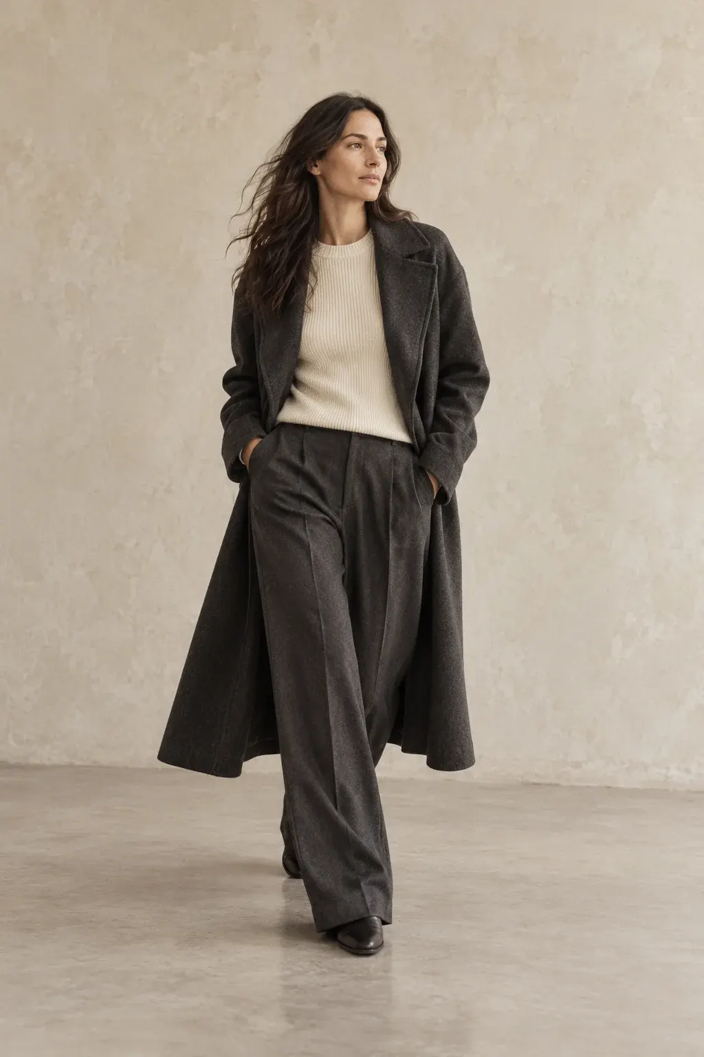 Woman mid-stride in a long charcoal overcoat over an ecru knit and wide charcoal trousers