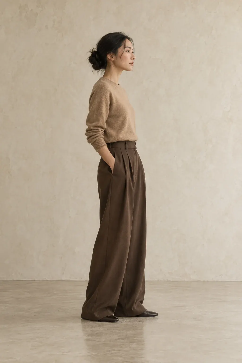 Woman in profile in a camel cashmere crewneck and chocolate pleated trousers