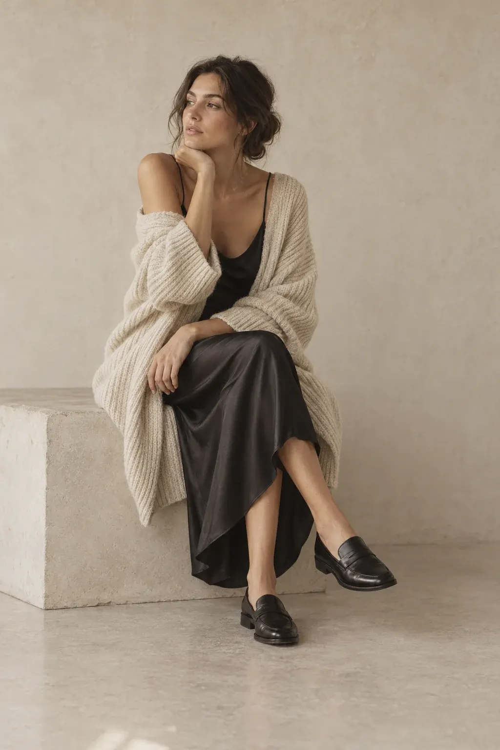 Woman seated on a concrete block in a black silk slip dress and an oversized ecru cardigan