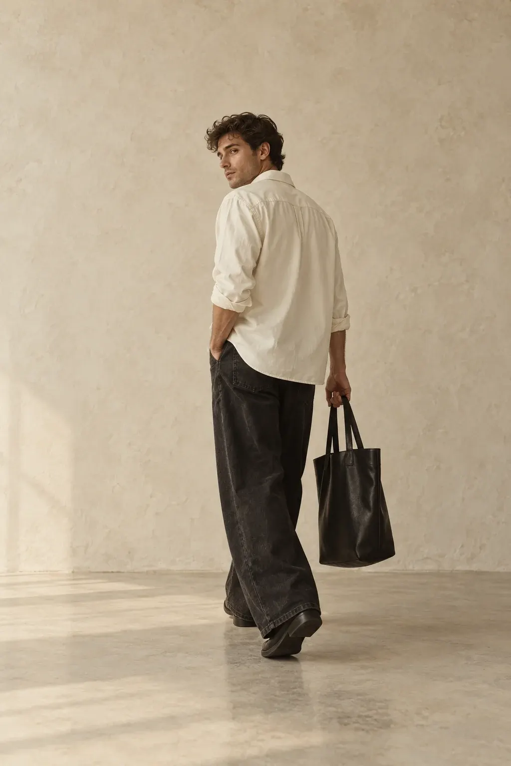 Man walking away in an ecru poplin shirt and wide black denim, carrying a black leather tote