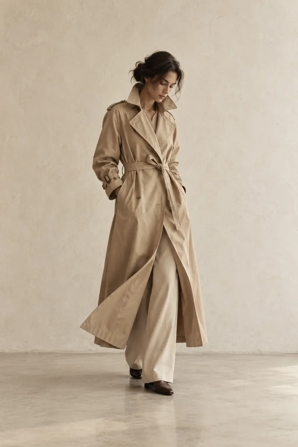 Woman in a belted stone trench with the collar up, looking down