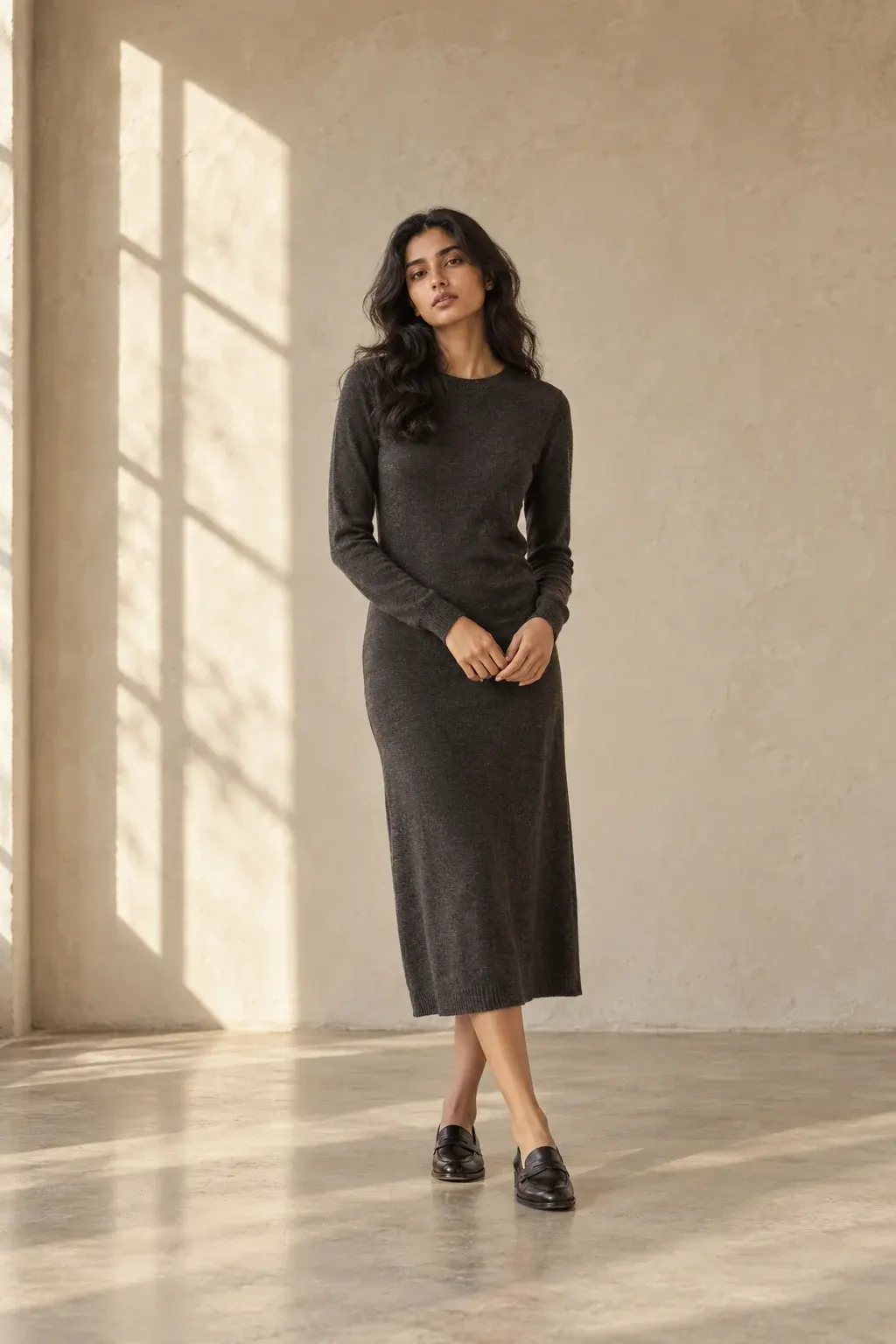 Woman by a window shadow in a charcoal knit midi dress and black loafers