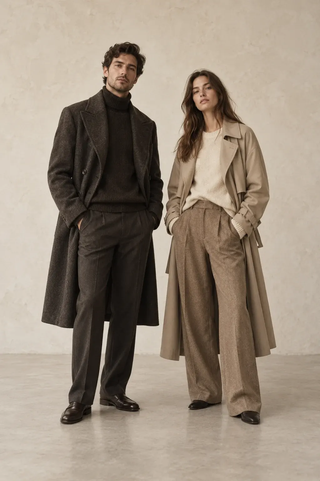 Two models side by side in a charcoal overcoat and a stone trench