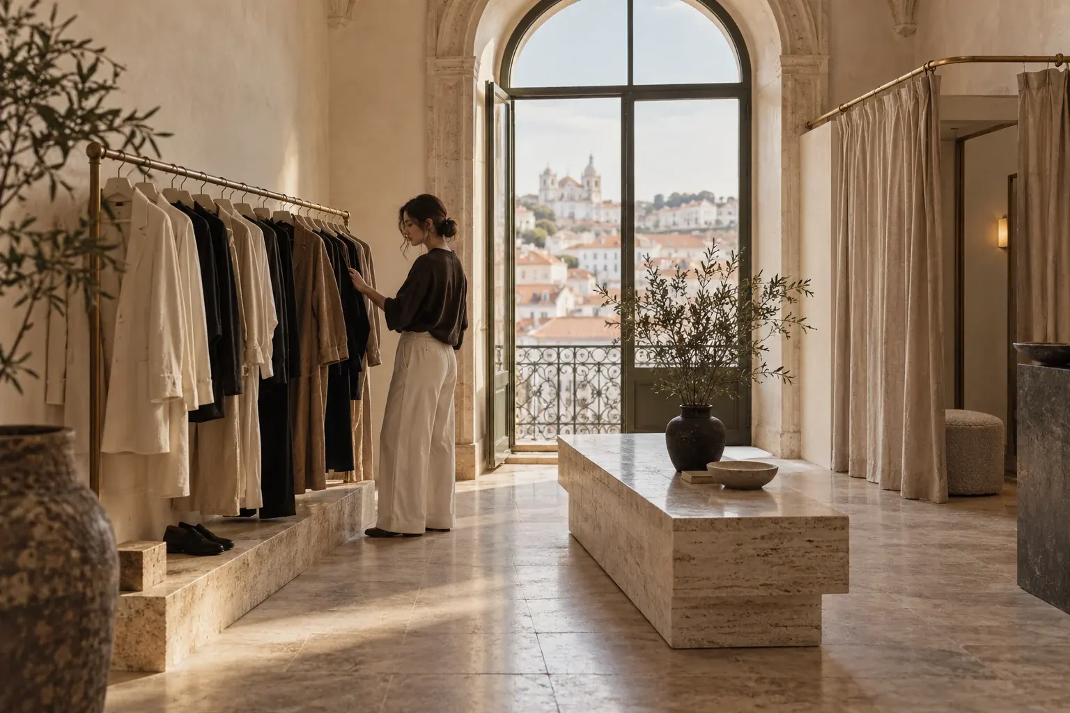 Minimal boutique with a limestone floor, a tall arched window and a brass rail of neutral clothes