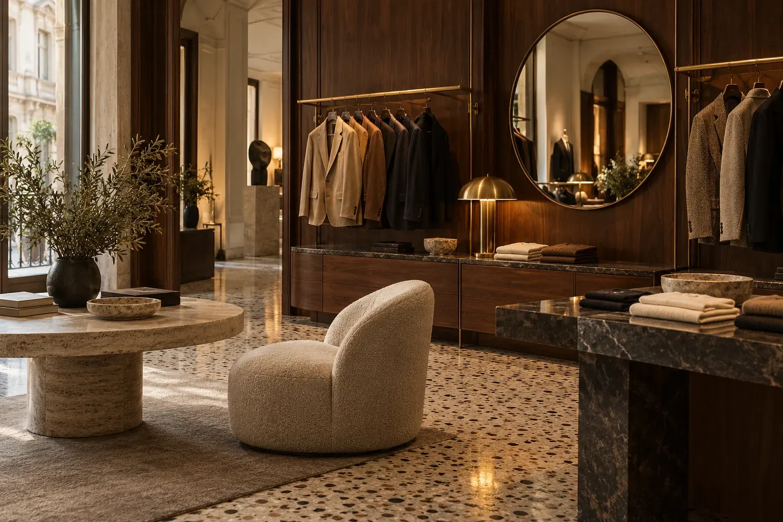 Refined boutique with walnut panelling, brass rails of tailored jackets and a terrazzo floor