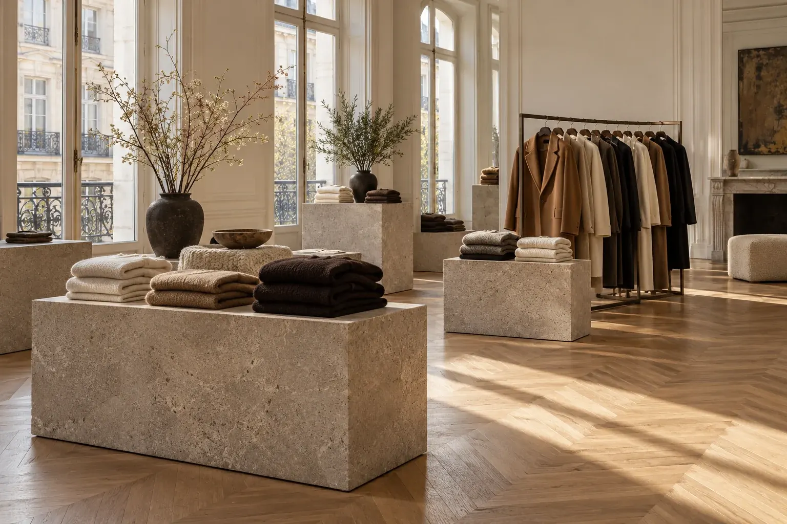 Gallery-like boutique with whitewashed walls, stone plinths of folded knitwear and a rail of coats